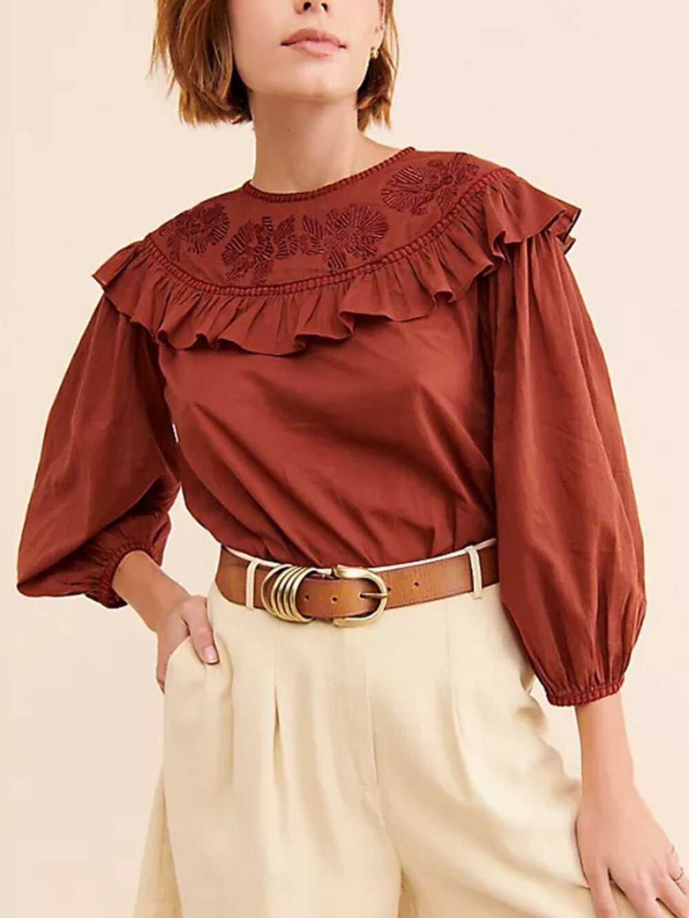 Carolina K Pamela Blouse Red Cotton Embroidered Ruffle Neck Size XS
